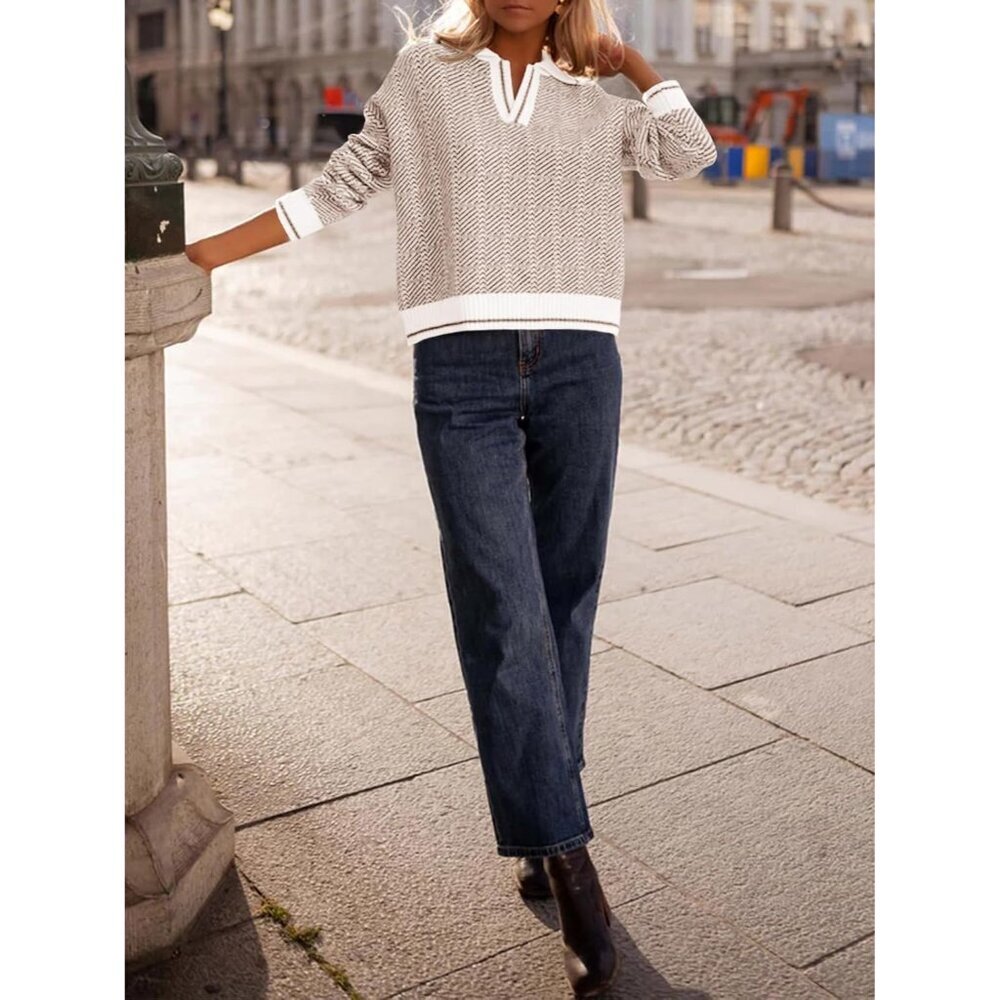 Women’s Chunky Knit V Neck Sweater Color Block Fall Casual Soft Top - Picture 5 of 5
